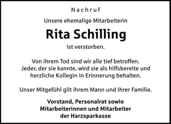 Traueranzeige von Rita Schilling  von Magdeburger Volksstimme