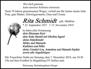 Traueranzeige von Rita Schmidt (geb. Matthias)  von Magdeburger Volksstimme