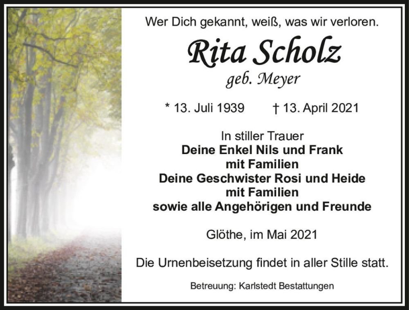  Traueranzeige für Rita Scholz (geb. Meyer)  vom 08.05.2021 aus Magdeburger Volksstimme