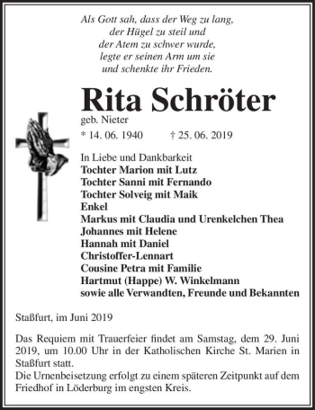 Traueranzeige von Rita Schröder (geb. Nieter)  von Magdeburger Volksstimme