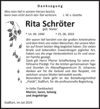 Traueranzeige von Rita Schröter (geb. Nieter)  von Magdeburger Volksstimme