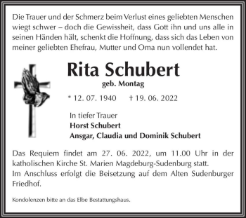 Traueranzeige von Rita Schubert (geb. Montag)  von Magdeburger Volksstimme