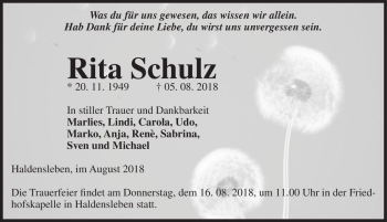 Traueranzeige von Rita Schulz  von Magdeburger Volksstimme