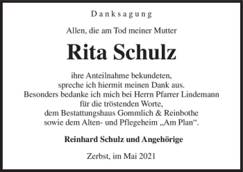 Traueranzeige von Rita Schulz  von Magdeburger Volksstimme