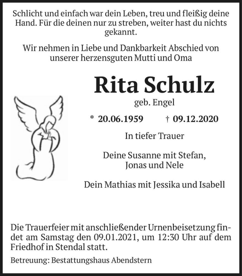  Traueranzeige für Rita Schulz (geb. Engel)  vom 02.01.2021 aus Magdeburger Volksstimme