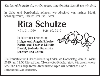 Traueranzeige von Rita Schulze  von Magdeburger Volksstimme