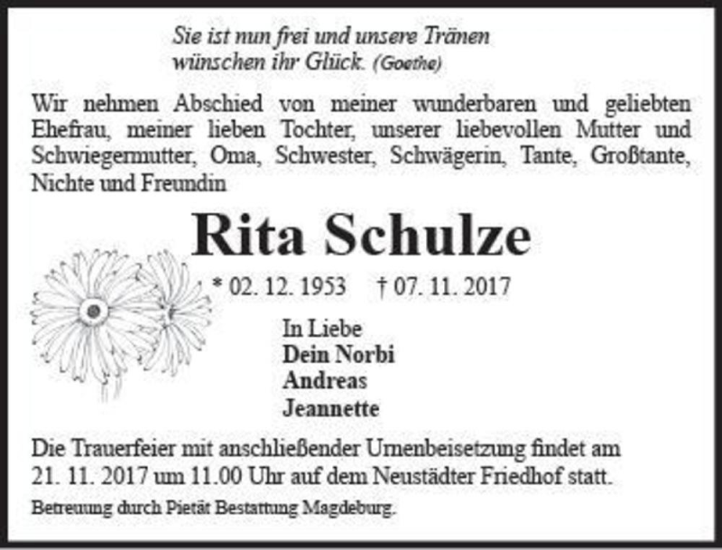  Traueranzeige für Rita Schulze  vom 15.11.2017 aus Magdeburger Volksstimme