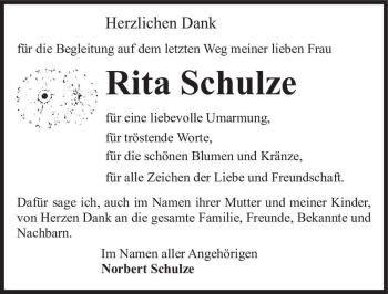 Traueranzeige von Rita Schulze  von Magdeburger Volksstimme