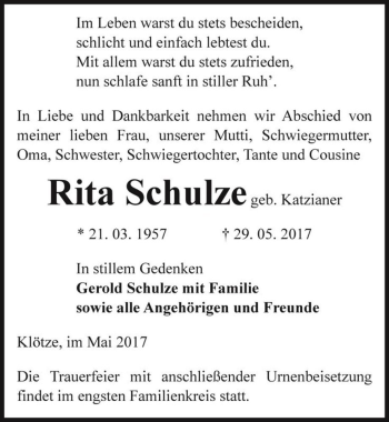 Traueranzeige von Rita Schulze (geb. Katzianer)  von Magdeburger Volksstimme