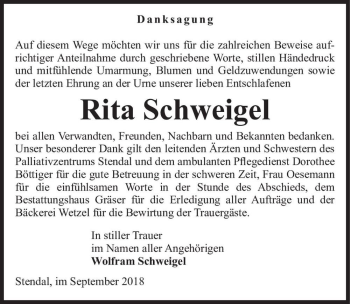 Traueranzeige von Rita Schweigel  von Magdeburger Volksstimme