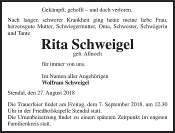 Traueranzeige von Rita Schweigel (geb. Allnoch)  von Magdeburger Volksstimme