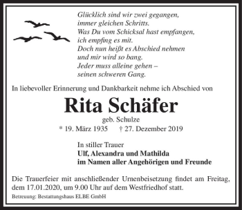 Traueranzeige von Rita Schäfer (geb. Schulze)  von Magdeburger Volksstimme