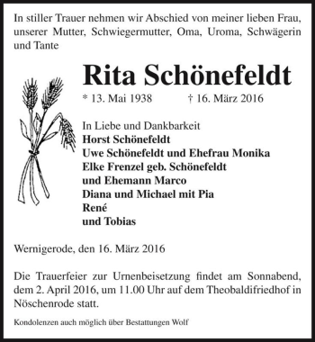 Traueranzeige von Rita Schönefeldt  von Magdeburger Volksstimme