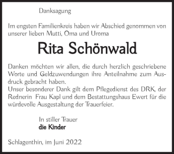 Traueranzeige von Rita Schönwald  von Magdeburger Volksstimme