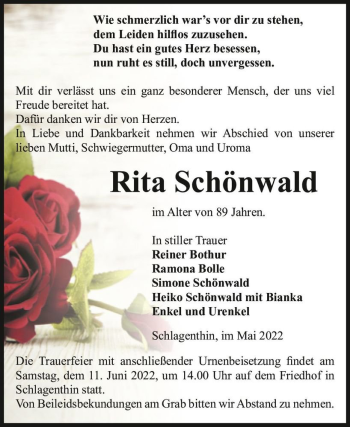 Traueranzeige von Rita Schönwald  von Magdeburger Volksstimme