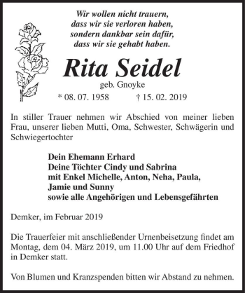 Traueranzeige von Rita Seidel (geb. Gnoyke)  von Magdeburger Volksstimme