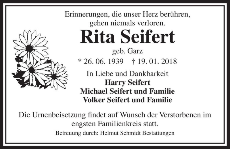  Traueranzeige für Rita Seifert (geb. Garz)  vom 27.01.2018 aus Magdeburger Volksstimme