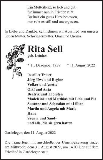 Traueranzeige von Rita Sell (geb. Leinhos)  von Magdeburger Volksstimme
