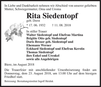 Traueranzeige von Rita Siedentopf (geb. Dorst)  von Magdeburger Volksstimme