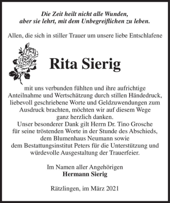 Traueranzeige von Rita Sierig  von Magdeburger Volksstimme