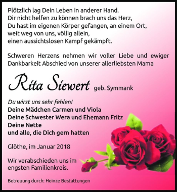 Traueranzeige von Rita Siewert (geb. Symmank)  von Magdeburger Volksstimme