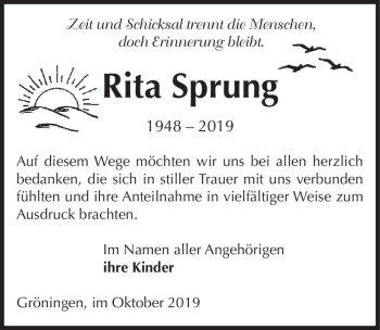 Traueranzeige von Rita Sprung  von Magdeburger Volksstimme