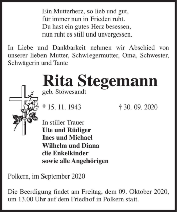 Traueranzeige von Rita Stegemann (geb. Stöwesandt)  von Magdeburger Volksstimme