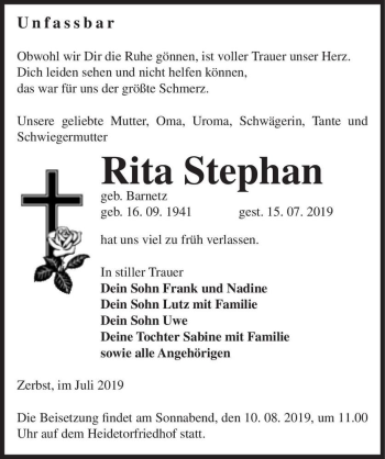 Traueranzeige von Rita Stephan (geb. Barnetz)  von Magdeburger Volksstimme