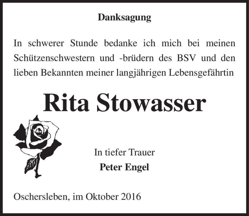  Traueranzeige für Rita Stowasser  vom 26.10.2016 aus Magdeburger Volksstimme