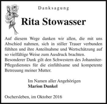 Traueranzeige von Rita Stowasser  von Magdeburger Volksstimme