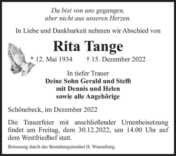 Traueranzeige von Rita Tange  von Magdeburger Volksstimme