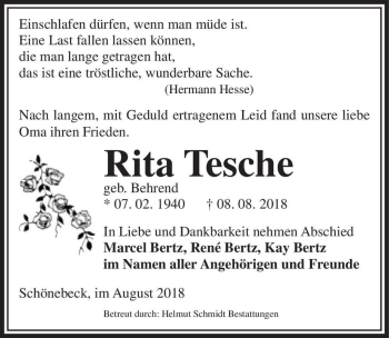 Traueranzeige von Rita Tesche (geb. Behrend)  von Magdeburger Volksstimme