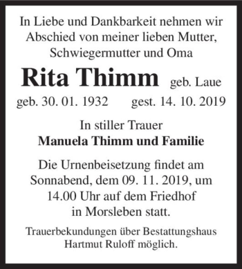 Traueranzeige von Rita Thimm (geb. Laue)  von Magdeburger Volksstimme