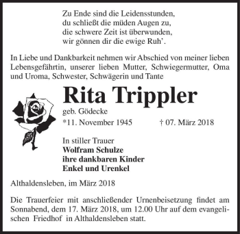 Traueranzeige von Rita Trippler (geb. Gödecke)  von Magdeburger Volksstimme