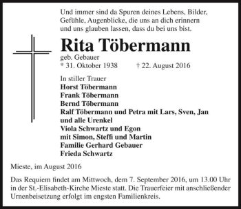 Traueranzeige von Rita Töbermann (geb. Gebauer)  von Magdeburger Volksstimme