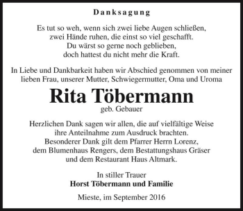 Traueranzeige von Rita Töbermann (geb. Gebauer)  von Magdeburger Volksstimme