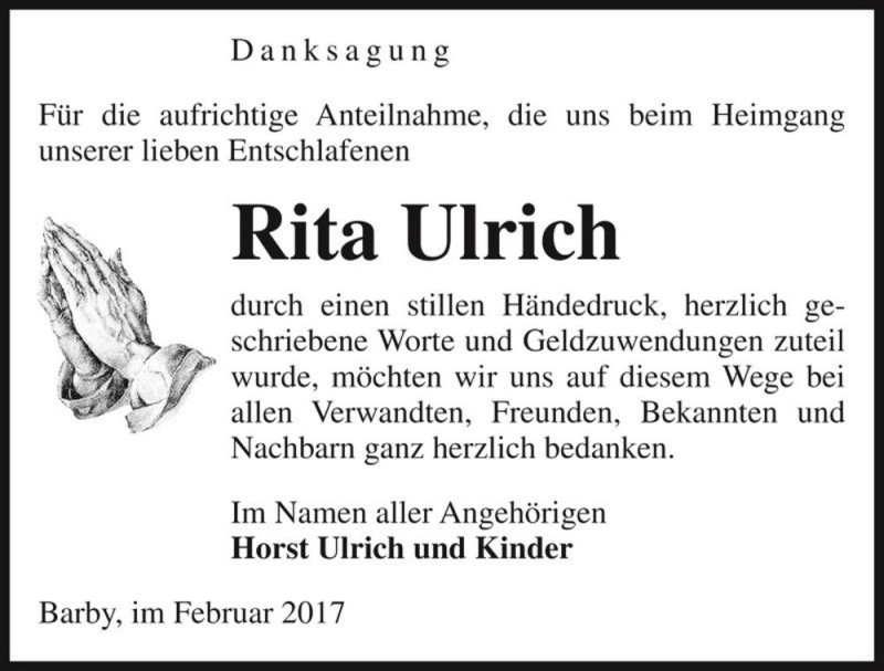  Traueranzeige für Rita Ulrich  vom 11.02.2017 aus Magdeburger Volksstimme