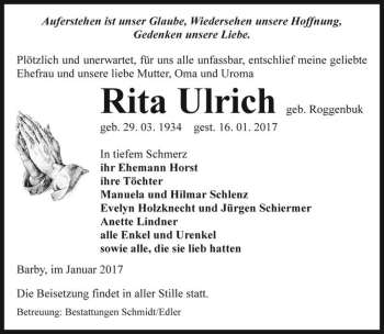 Traueranzeige von Rita Ulrich (geb. Roggenbuk)  von Magdeburger Volksstimme