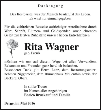 Traueranzeige von Rita Wagner (geb. Preuß)  von Magdeburger Volksstimme