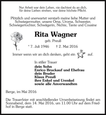 Traueranzeige von Rita Wagner (geb. Preuß  von Magdeburger Volksstimme