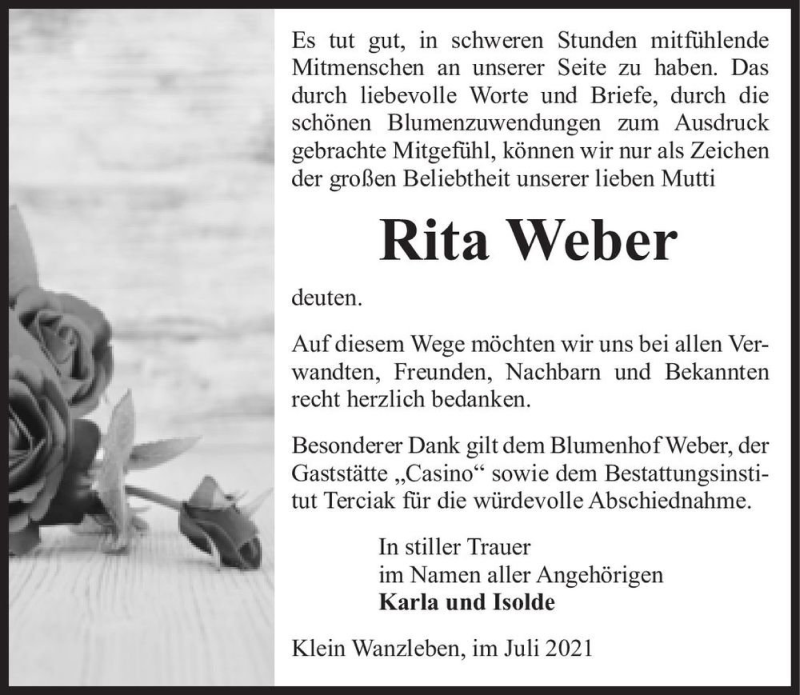  Traueranzeige für Rita Weber  vom 10.07.2021 aus Magdeburger Volksstimme