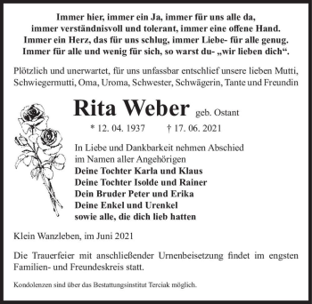 Traueranzeige von Rita Weber (geb. Ostant)  von Magdeburger Volksstimme