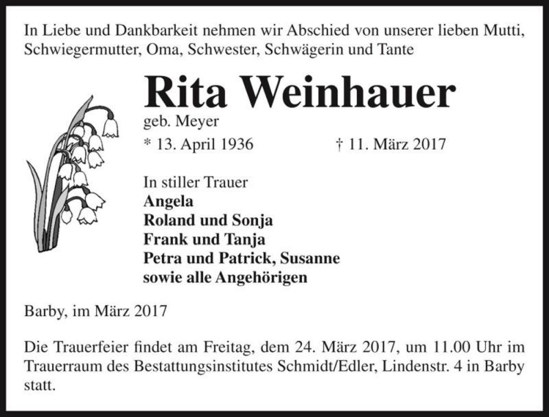  Traueranzeige für Rita Weinhauer (geb. Meyer)  vom 18.03.2017 aus Magdeburger Volksstimme