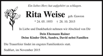 Traueranzeige von Rita Weise (geb. Gawron)  von Magdeburger Volksstimme