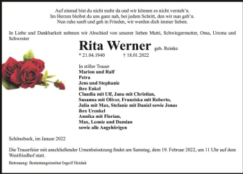 Traueranzeige von Rita Werner (geb. Reinke)  von Magdeburger Volksstimme