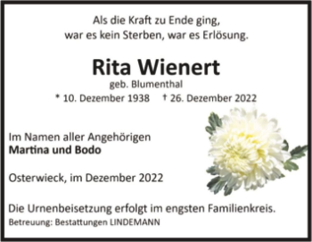 Traueranzeige von Rita Wienert (geb. Blumenthal)  von Magdeburger Volksstimme
