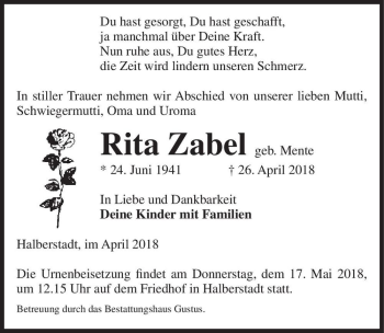 Traueranzeige von Rita Zabel (geb. Mente)  von Magdeburger Volksstimme