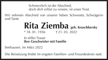 Traueranzeige von Rita Ziemba (geb. Kruschbersky)  von Magdeburger Volksstimme