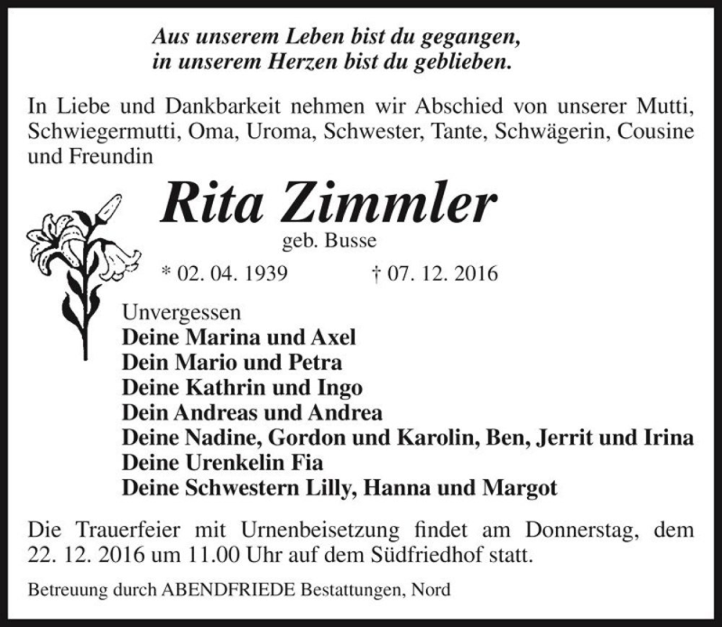  Traueranzeige für Rita Zimmler (geb. Busse)  vom 10.12.2016 aus Magdeburger Volksstimme