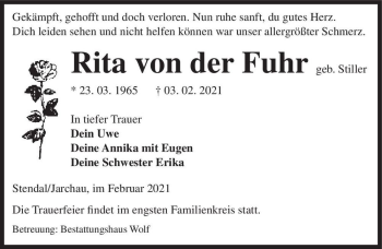 Traueranzeige von Rita von der Fuhr (geb. Stiller)  von Magdeburger Volksstimme